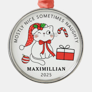 Naughty Cat with Santa Hat Christmas  Metal Ornament