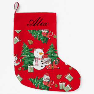 NAUGHTY CAT WITH SNOWMAN PERSONALIZED SMALL CHRISTMAS STOCKING