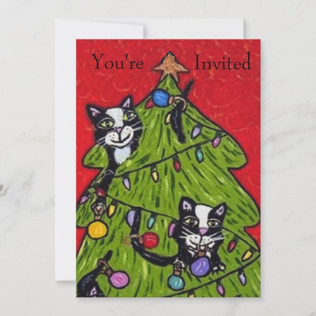 Naughty Cats Climbing Christmas Tree Red Green Invitation (Front)