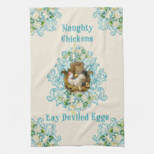 Naughty Chickens Lay Deviled Eggs Turquoise Kitchen Towel