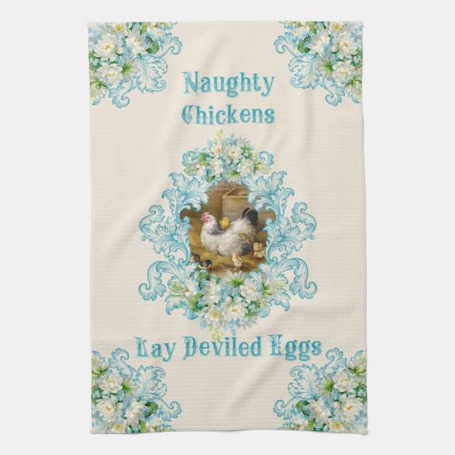 Naughty Chickens Lay Deviled Eggs Turquoise Kitchen Towel (Vertical)