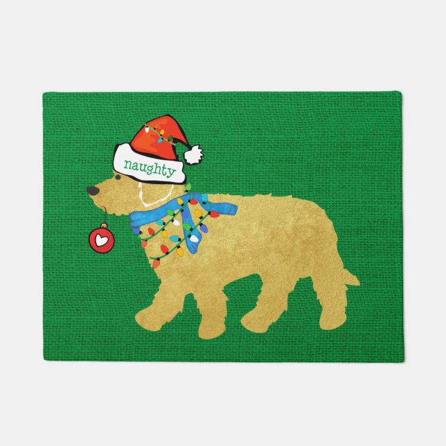 Naughty Christmas Goldendoodle Xmas Green Burlap Doormat (Front)