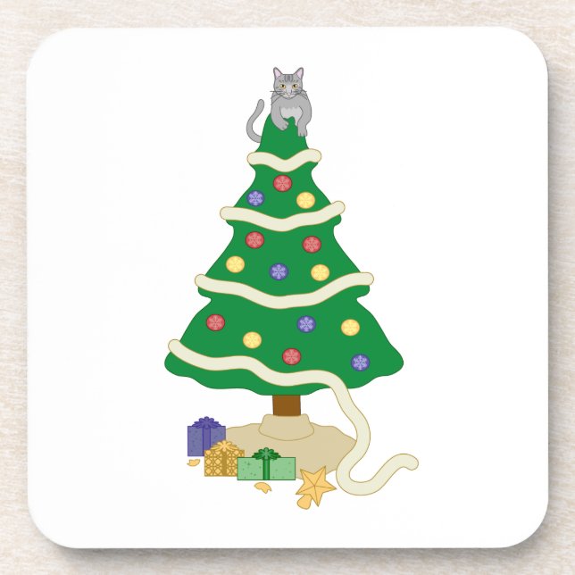 Naughty Christmas Tree Kitty Cat Coaster (Front)