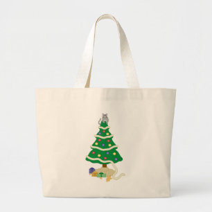 Naughty Christmas Tree Kitty Cat Large Tote Bag