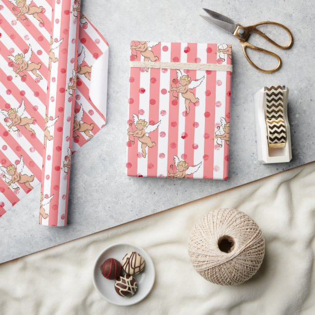Naughty cupid angels pink stripes wrapping paper (Crafts)