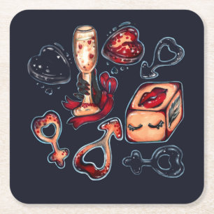 Naughty Dice & Champagne Adult Humor Dark Romantic Square Paper Coaster