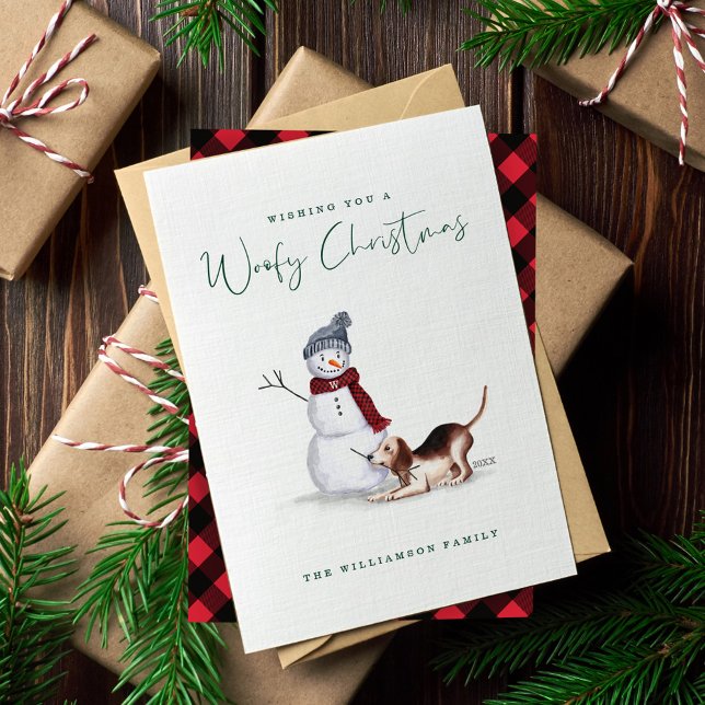 Naughty Dog Watercolor Beagle Playing With Snowman Holiday Card (Naughty Dog Watercolor Beagle Playing With Snowman Holiday Card)