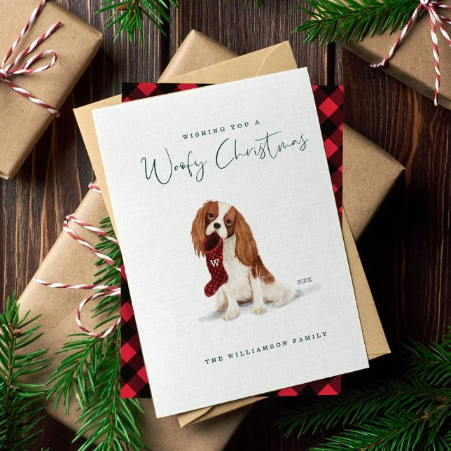 Naughty Dog Watercolor Cavalier Spaniel Stocking Holiday Card (Naughty Dog Watercolor Cavalier Spaniel Stocking Holiday Card)
