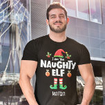 Naughty elf family matching christmas outfit name T-Shirt<br><div class="desc">Get into the holiday spirit with this humourous Naughty elf t-shirt which is part of a matching family elf outfit collection containing gifts for any member of the family. Perfect for any Christmas family reunion, this t-shirt features a cute elf hat and fun legs, with the caption "Naughty elf" in...</div>