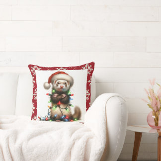 Naughty Ferret Christmas Lights Throw Pillow
