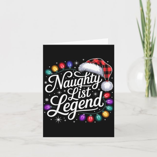 Naughty List Legend Xmas Lights Buffalo Plaid Red  Card (Front)