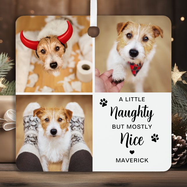 Naughty Nice Funny Dog 3 Pet Photo Christmas Metal Ornament (Creator Uploaded)