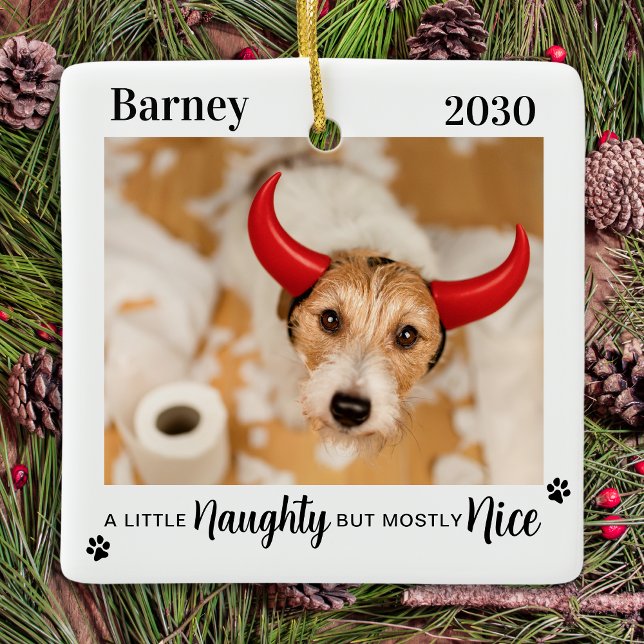 Naughty Nice Funny Dog Pet Photo Christmas Ceramic Ornament (Creator Uploaded)