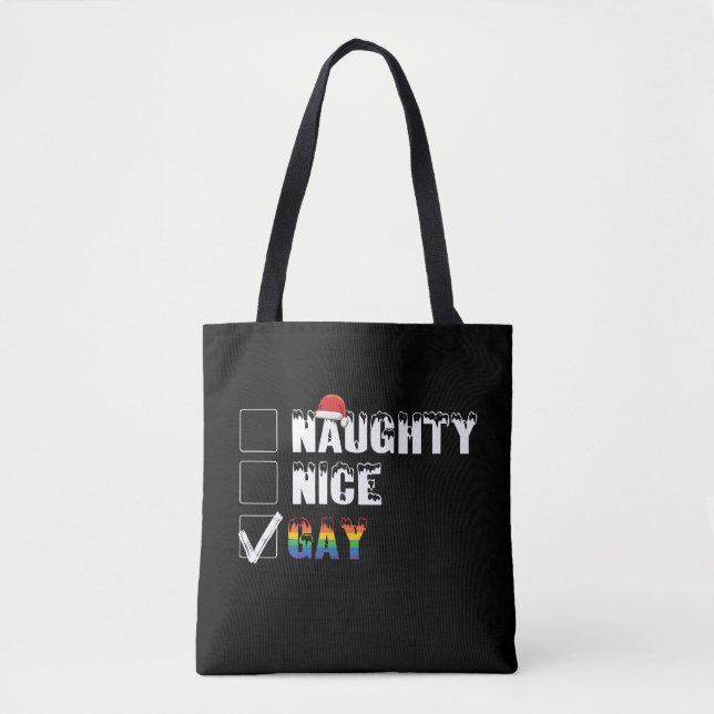Naughty Nice Gay Rainbow Pride LGBT Christmas Gift Tote Bag (Front)