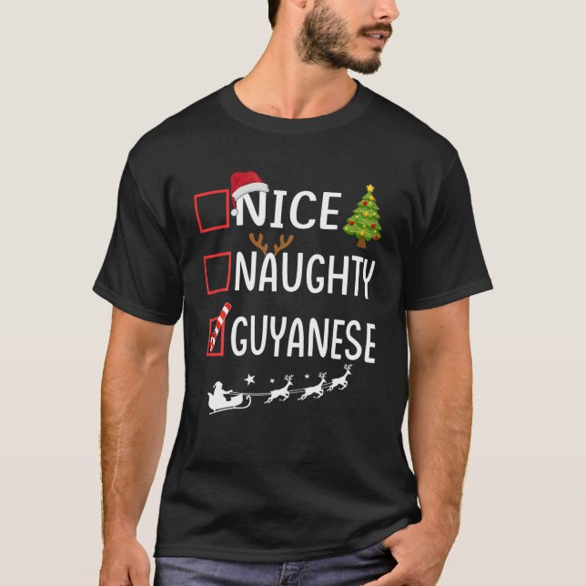 Naughty Nice guyanese Christmas Pyjamas Santa Clau T-Shirt (Front)