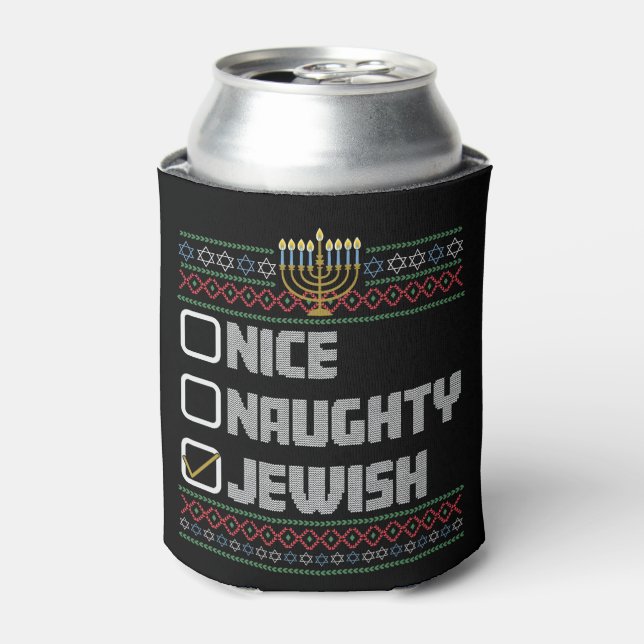 Naughty Nice Jewish Santa Ugly Christmas Hanukkah  Can Cooler (Can Front)