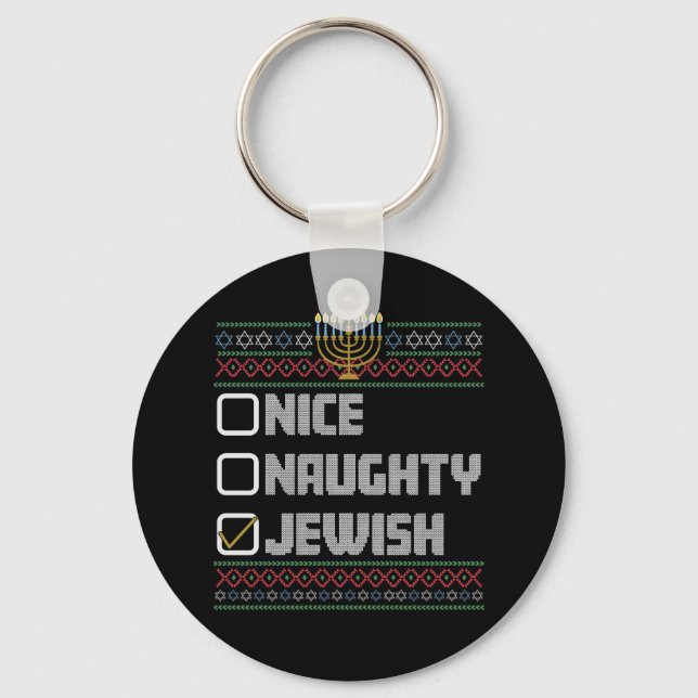 Naughty Nice Jewish Santa Ugly Christmas Hanukkah  Keychain (Front)