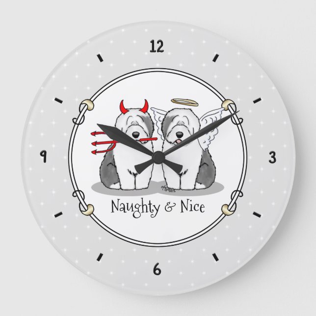 Naughty & Nice Old English Sheepdogs (Gray 1) Large Clock (Front)