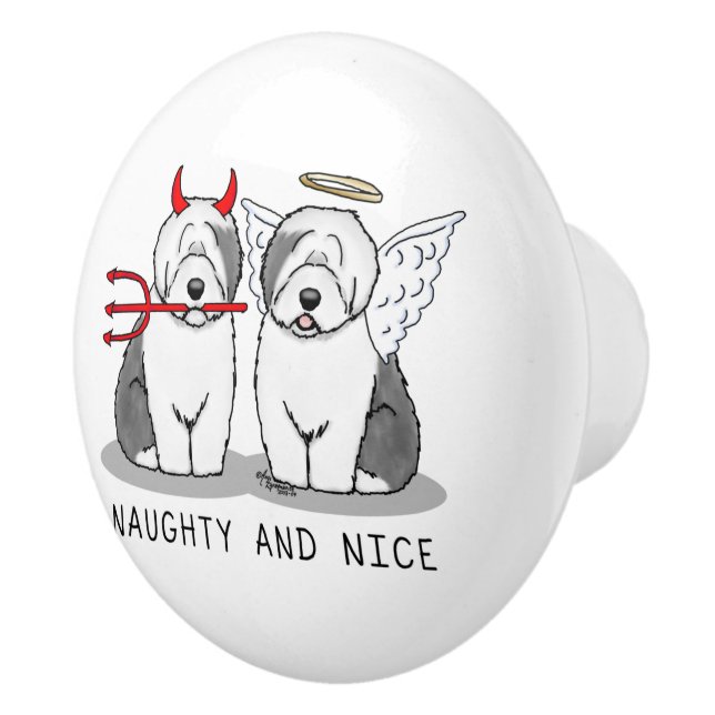 Naughty & Nice Old English Sheepdogs (Grey 1) Ceramic Knob (Right)