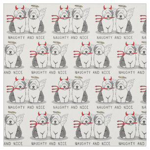 Naughty & Nice Old English Sheepdogs (Grey 1) Fabric