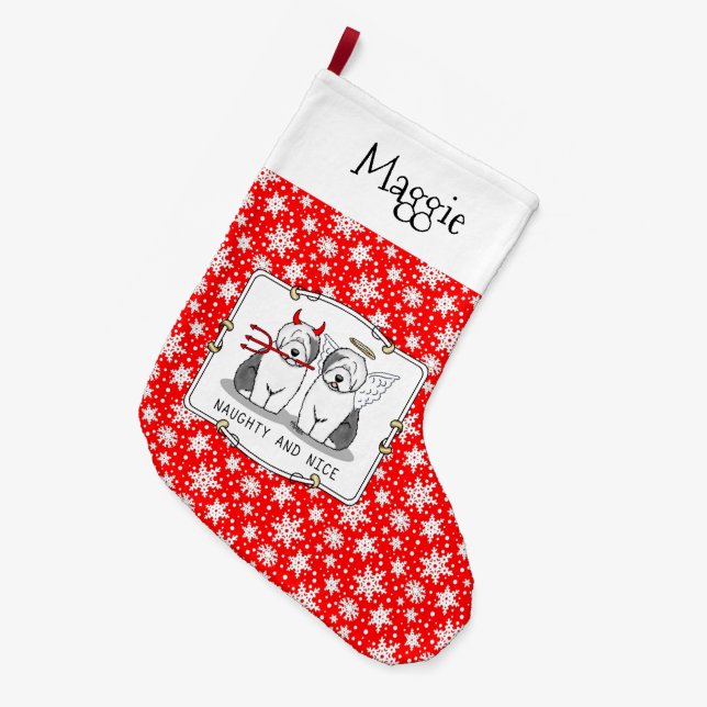 Naughty & Nice Old English Sheepdogs (Grey 1) Large Christmas Stocking (Front (Hanging))