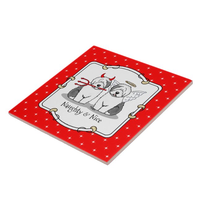 Naughty & Nice Old English Sheepdogs (Grey 1) Tile (Side)