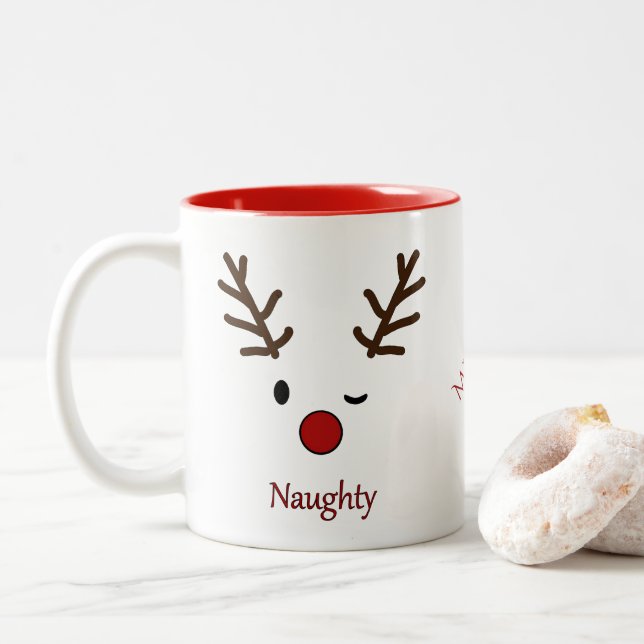 Naughty & Nice Personalized Reindeer Two-Tone Coffee Mug (With Donut)