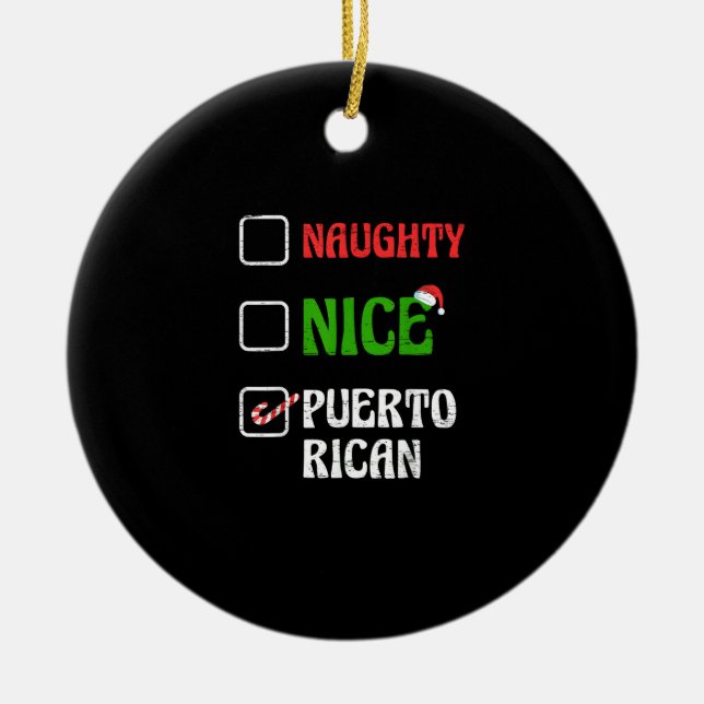 Naughty Nice Puertorican Santa Holiday Sweet Ceramic Ornament (Front)