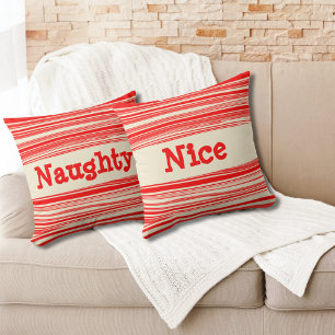 Naughty Nice Red Peppermint Candy Marbled Stripes  Throw Pillow