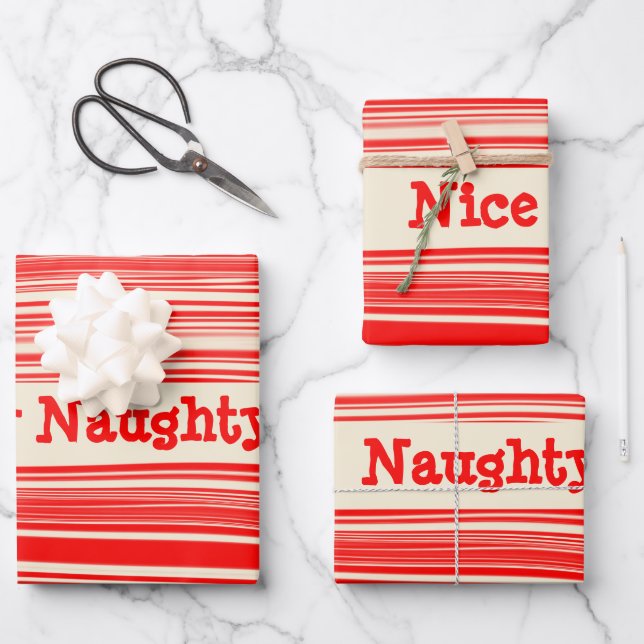 Naughty Nice Red Peppermint Candy Marbled Stripes Wrapping Paper Sheet (Front)