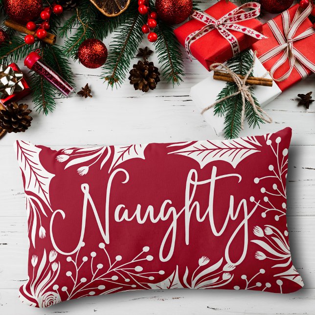 Naughty Nice Red White Christmas Floral Ivy Leaf Lumbar Pillow (Creator Uploaded)