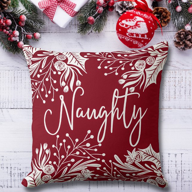 Naughty Nice Red White Christmas Floral Ivy Leaves Throw Pillow (Creator Uploaded)