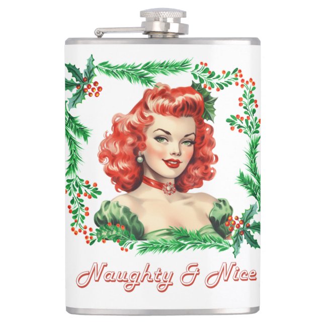 Naughty & Nice Retro Christmas Pinup Hip Flask (Front)