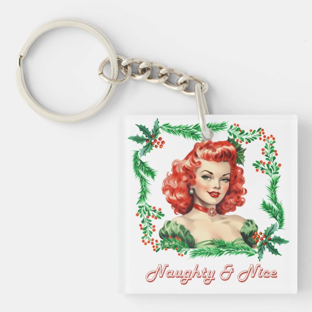 Naughty & Nice Retro Christmas Pinup Keychain (Front)