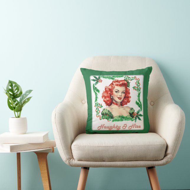 Naughty & Nice Retro Christmas Pinup Throw Pillow (Chair)