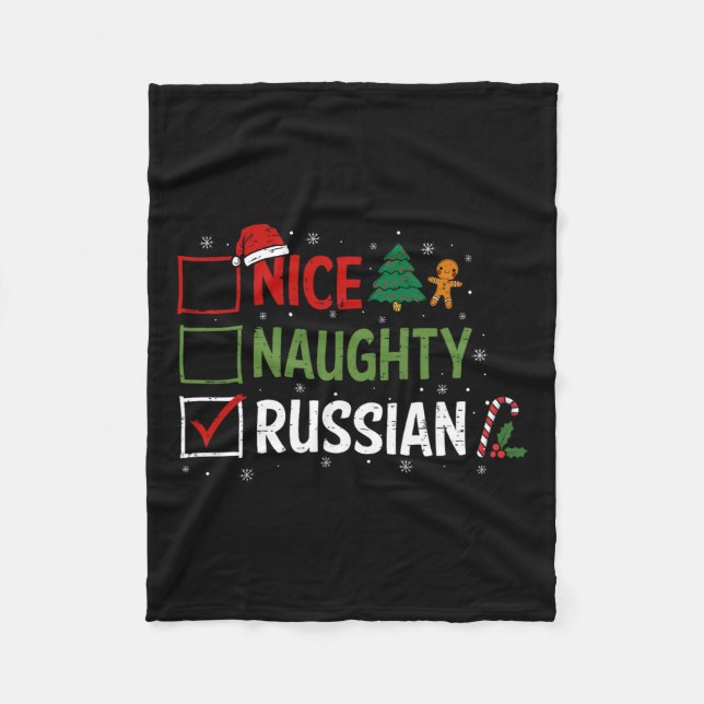 Naughty Nice Russian Christmas Pyjamas Santa Claus Fleece Blanket (Front)