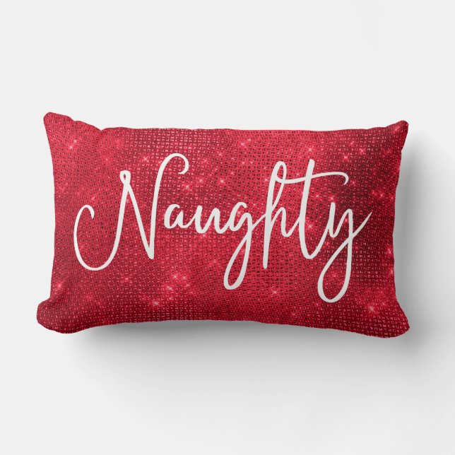 Naughty Nice Sparkly Red White Glitter Sequin Lumbar Pillow (Front)