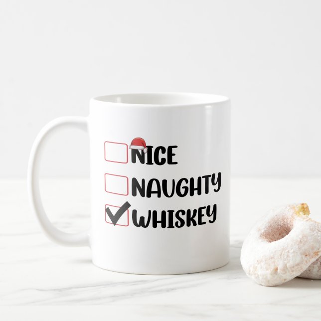Naughty Nice Whiskey Santa Christmas List Coffee Mug (With Donut)