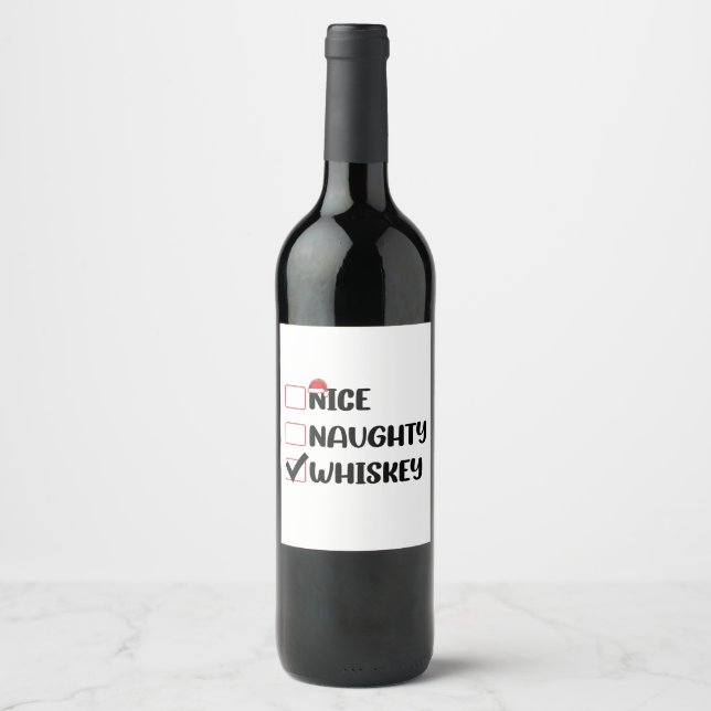 Naughty Nice Whiskey Santa Christmas List Wine Label (Front)