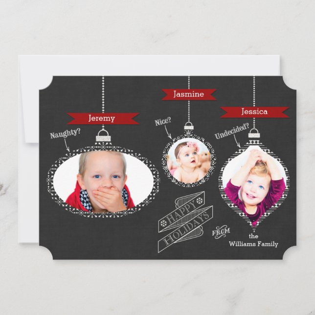 Naughty or Nice? Chalkboard Hanging Ornaments Holiday Card (Front)