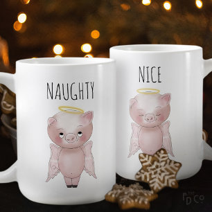 Naughty or Nice Cute Holiday Angel Pig Cartoon Coffee Mug