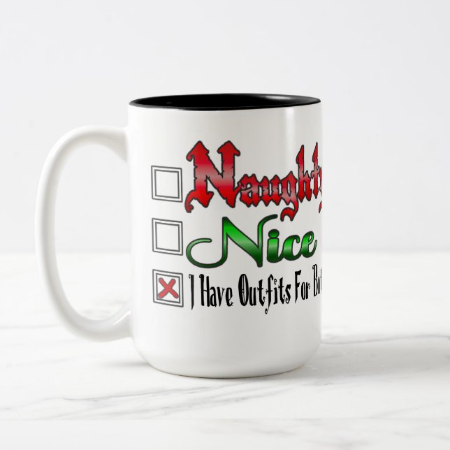 Naughty Or Nice Flirty White Two-Tone Coffee Mug (Left)
