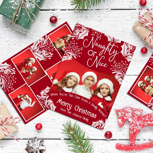 Naughty or Nice Funny Five Photo Christmas Card (Creator Uploaded)