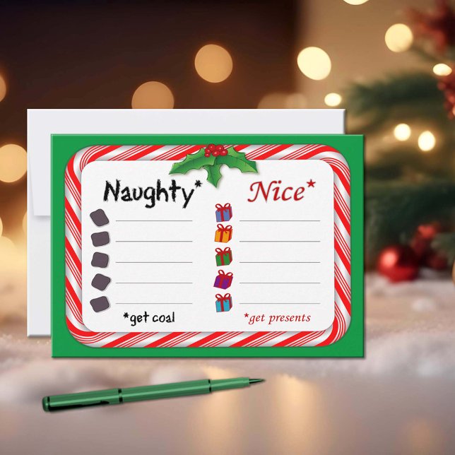 Naughty or Nice List 5" x 7" Flat Holiday Card (A handy Christmas checklist to help Santa Claus keep track with a candy cane frame.)