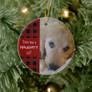 Naughty or Nice Pet Photo Red Plaid Personalized Ceramic Ornament
