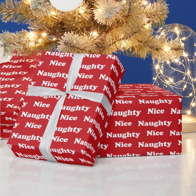 Naughty or nice red white modern funny cute wrapping paper (Holidays)