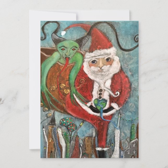 Naughty or Nice Santa and Krampus Art Holiday Card (Front)