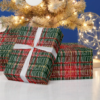 Naughty or nice text green plaid pattern fun cute wrapping paper