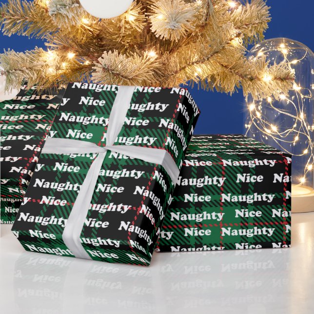 Naughty or nice typography green black plaid wrapping paper (Holidays)