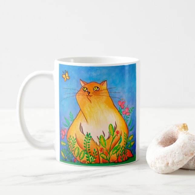 Naughty Orange Cat in Nature Coffee Mug (With Donut)